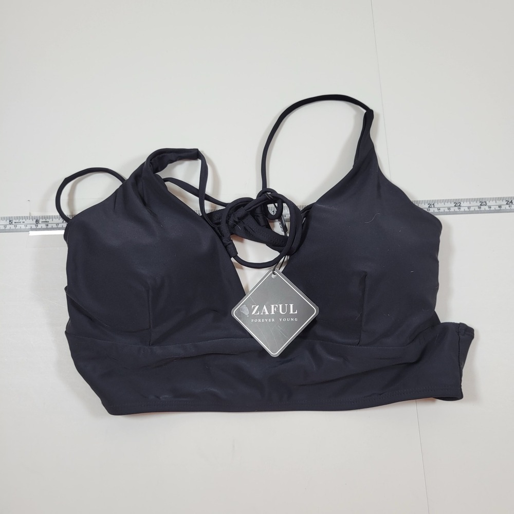 NWT Zaful Bikini Top Womens Large Black Lace Up V-Neck Padded Swimwear